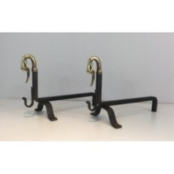 Paire de Chenets en Fer Forgé et Laiton.