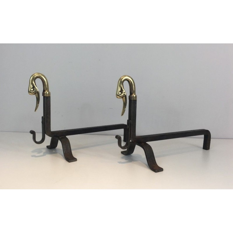 Paire de Chenets en Fer Forgé et Laiton.