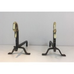 Paire de Chenets en Fer Forgé et Laiton.