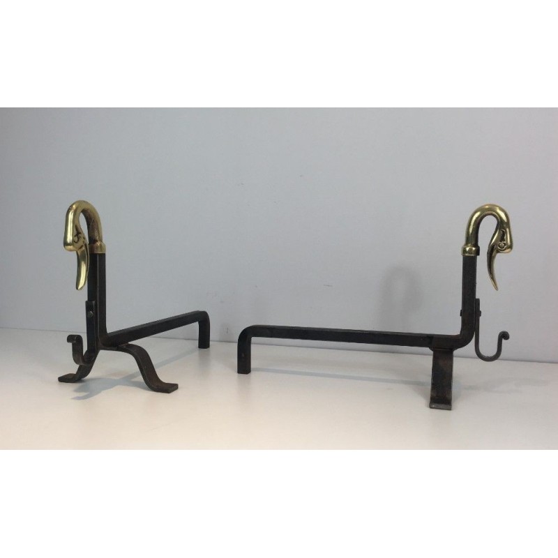Paire de Chenets en Fer Forgé et Laiton.