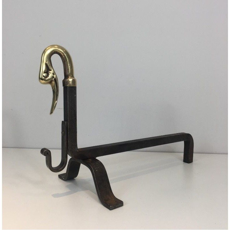 Paire de Chenets en Fer Forgé et Laiton.