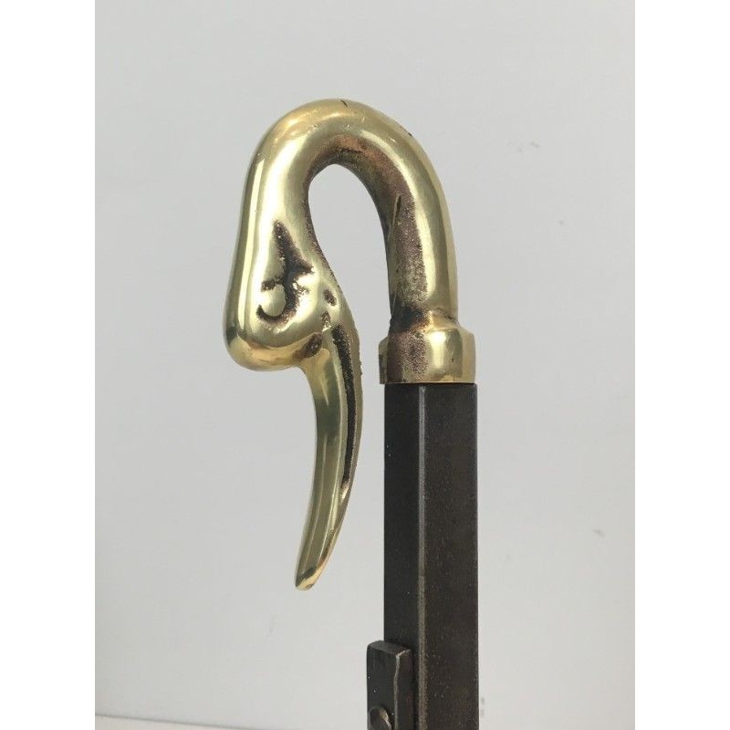 Paire de Chenets en Fer Forgé et Laiton.