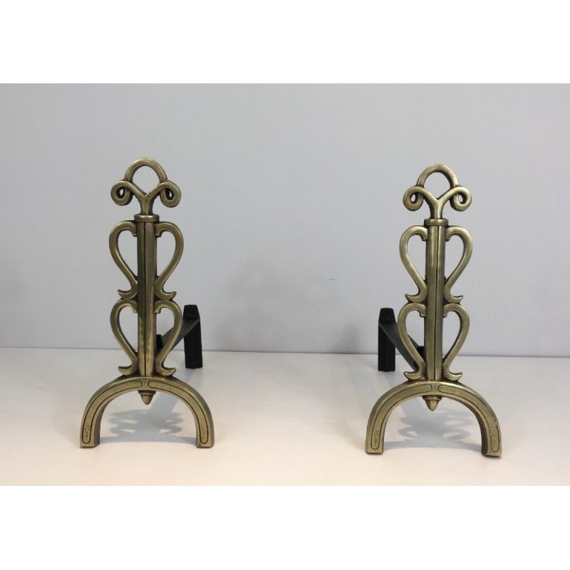 Paire de Chenets en Bronze et Fer Forgé