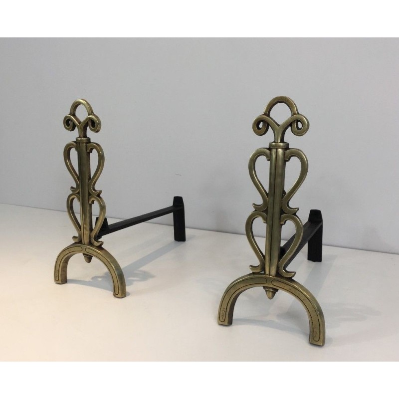 Paire de Chenets en Bronze et Fer Forgé