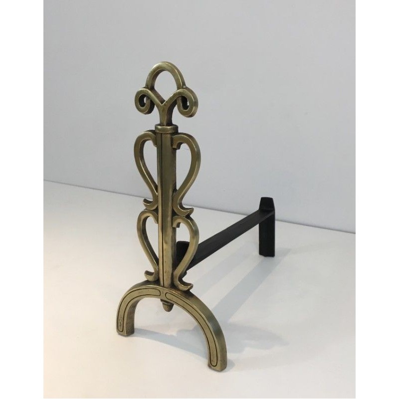 Paire de Chenets en Bronze et Fer Forgé