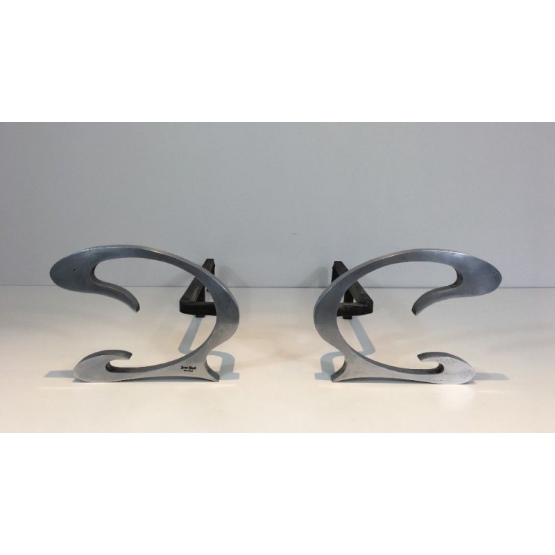 Paire de Chenets Design en Acier Brossé et Fer Forgé - Jean-Paul Créations