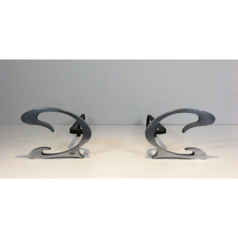 Paire de Chenets Design en Acier Brossé et Fer Forgé - Jean-Paul Créations