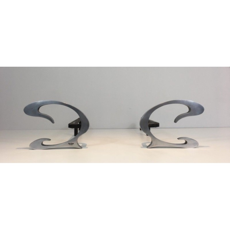 Paire de Chenets Design en Acier Brossé et Fer Forgé - Jean-Paul Créations