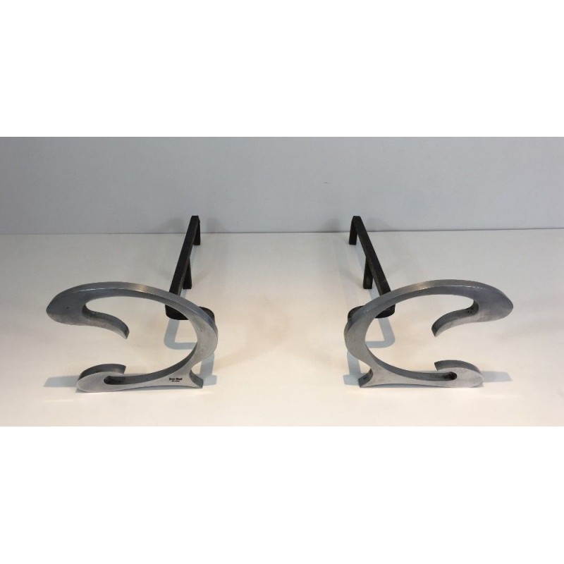 Paire de Chenets Design en Acier Brossé et Fer Forgé - Jean-Paul Créations