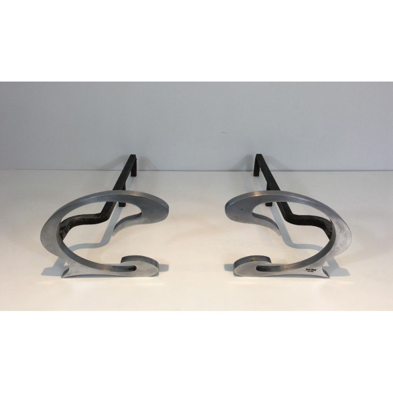 Paire de Chenets Design en Acier Brossé et Fer Forgé - Jean-Paul Créations