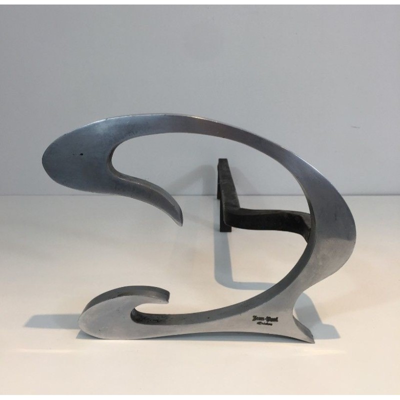 Paire de Chenets Design en Acier Brossé et Fer Forgé - Jean-Paul Créations
