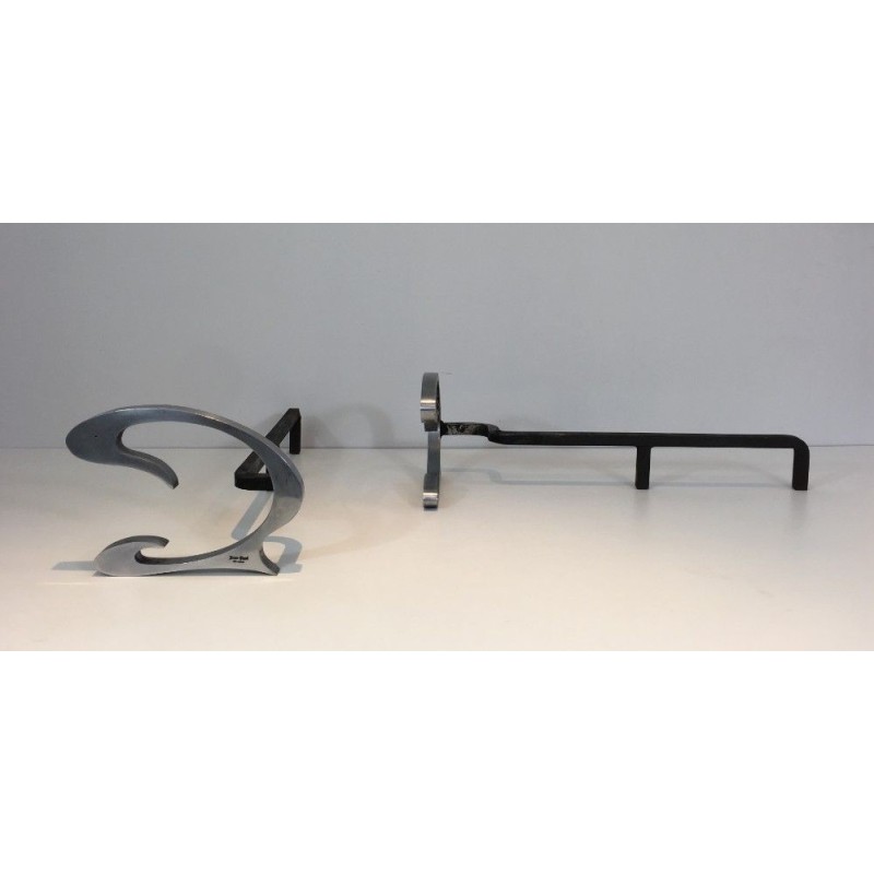 Paire de Chenets Design en Acier Brossé et Fer Forgé - Jean-Paul Créations
