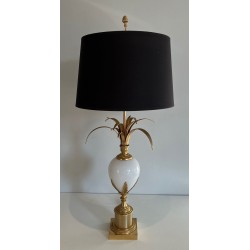 White Opaline Ostrich Egg Table Lamp, Gilt Nickel, in the Style of Maison Charles, circa 1970