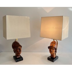 Pair of Walnut Table Lamps, Helmeted Soldier Faces, Italian Work, circa 1970