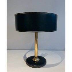 Dark Green Stitched Leather & Brass Desk Lamp, in the Style of Jacques Adnet, circa 1970