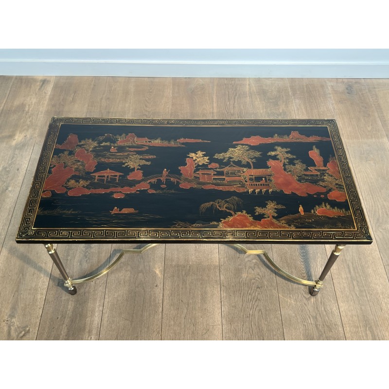 Lacquered Chinese Decor Coffee Table Brass Base 1970 - Modern Eye Gallery