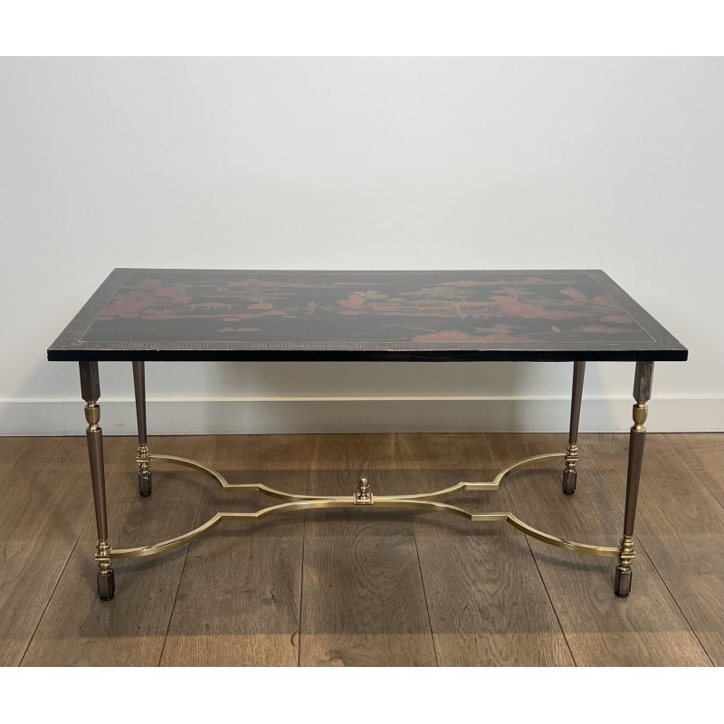Lacquered Chinese Decor Coffee Table Brass Base 1970 - Modern Eye Gallery
