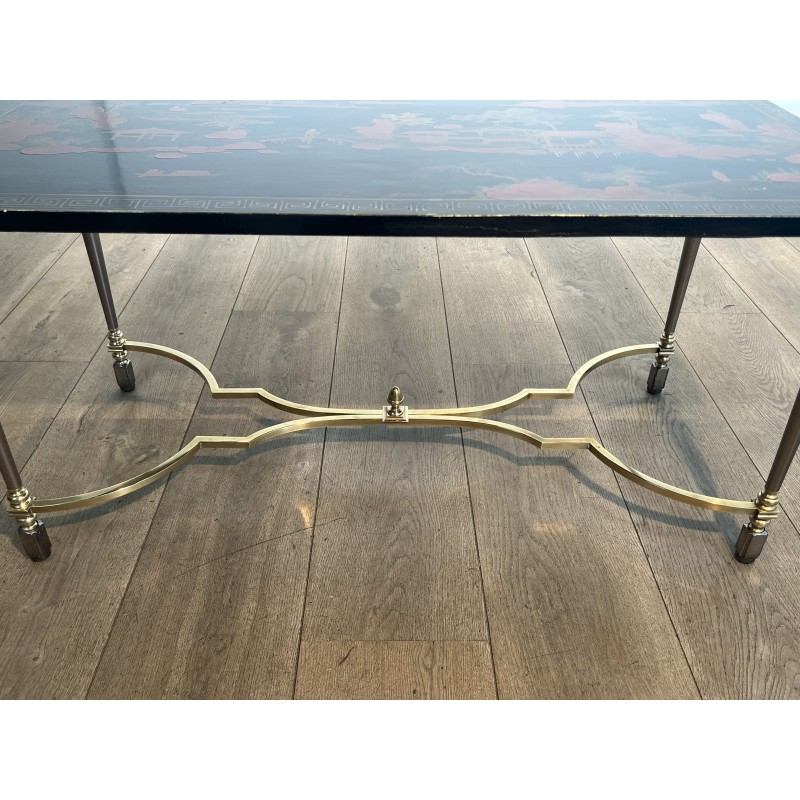 Lacquered Chinese Decor Coffee Table Brass Base 1970 - Modern Eye Gallery