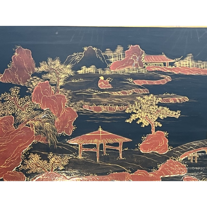 Lacquered Chinese Decor Coffee Table Brass Base 1970 - Modern Eye Gallery