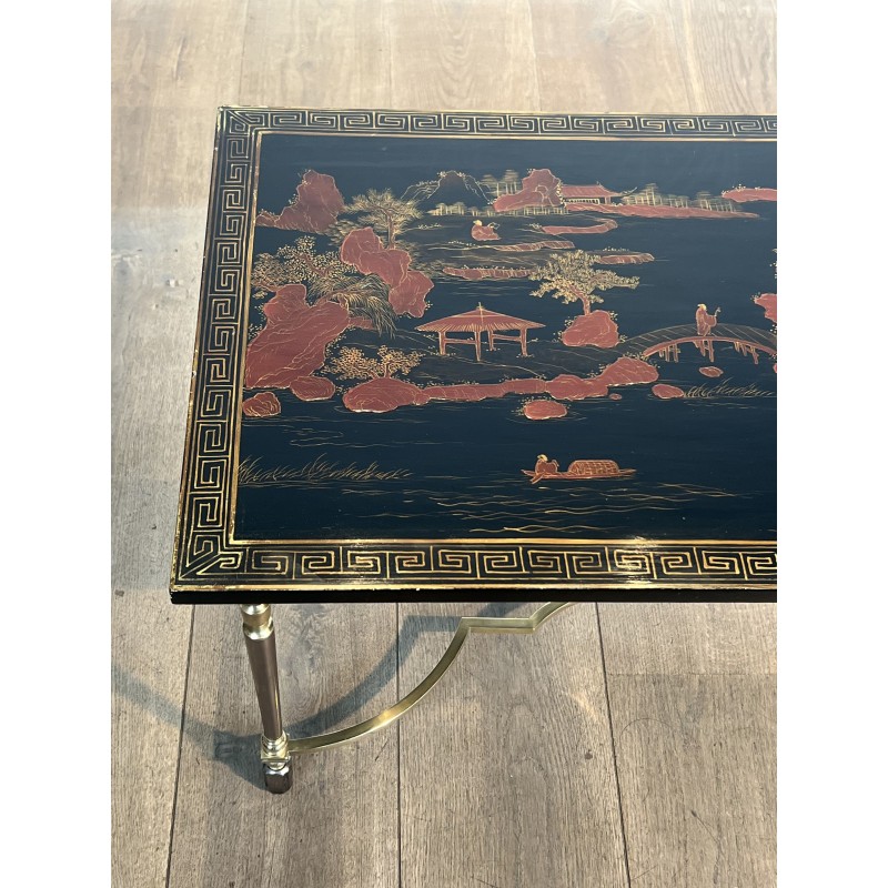 Lacquered Chinese Decor Coffee Table Brass Base 1970 - Modern Eye Gallery