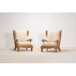 Pair of Brutalist Oak Lounge Chairs | European Design Circa 1960