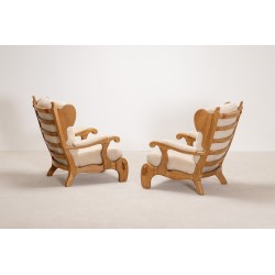 Pair of Brutalist Oak Lounge Chairs | European Design Circa 1960