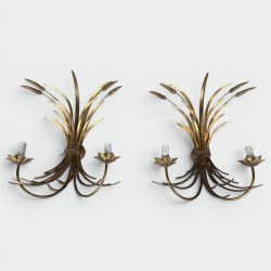 Pair Gilded Metal Wall Sconces Wheat Sheaves 1970 - Modern Eye Gallery