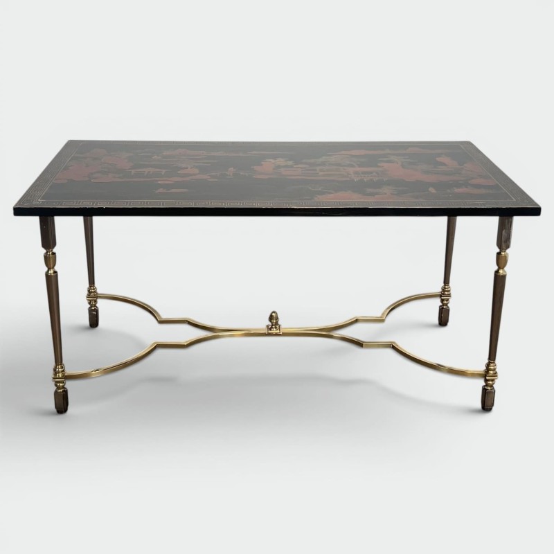 Lacquered Chinese Decor Coffee Table Brass Base 1970 - Modern Eye Gallery