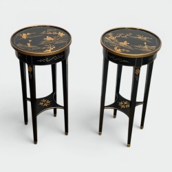 Pair Maison Hirsh Black Lacquered Pedestals Gilded Decor 1970 - Modern Eye Gallery