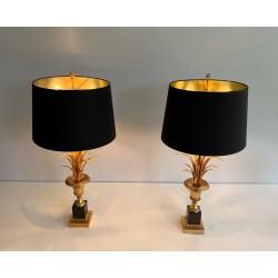Pair of Palm Tree Brass and Black Lacquered Brass Neoclassical Style Table Lamps in the style of Maison Charles