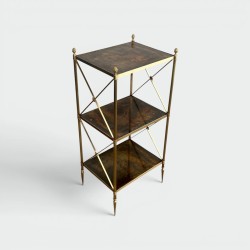 Three-Tier Brass and Eglomise Glass Shelf, Attributed to Maison Jansen, 1940s.