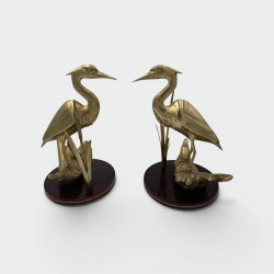 Pair of Brass Sculptures Depicting Stylized Birds on Wooden Bases