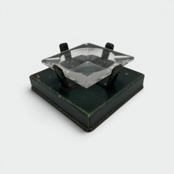 Green Leather & Crystal Ashtray Jacques Adnet Style | 1950s