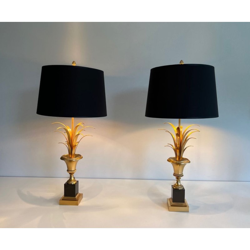 Pair of Palm Tree Brass and Black Lacquered Brass Neoclassical Style Table Lamps in the style of Maison Charles