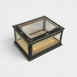 Napoleon III Jewelry Box in Black Lacquered Wood with Beveled Glass inlaid with Mother-of-Pearl and Brass Trim