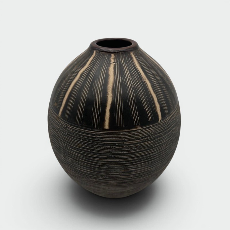 Black and White Ceramic Vase with Monogram Decor, in the Style of Jean Besnard, circa 1950