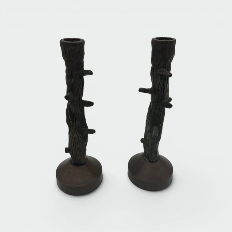 Pair of Faux-Wood Bronze Candlesticks, circa 1970