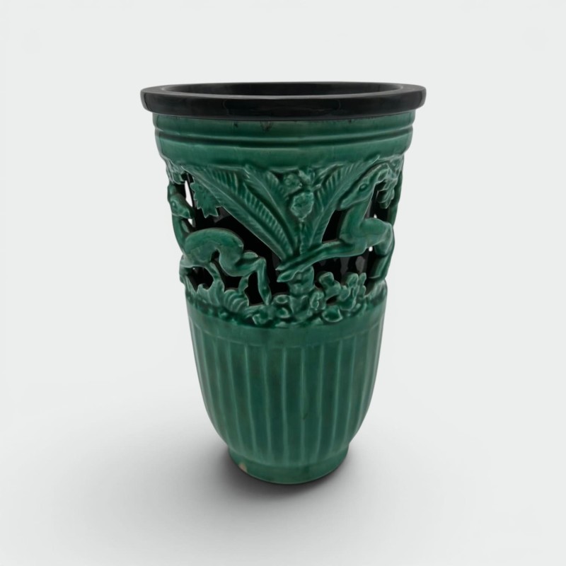 Green Ceramic Vase with Doe Decor, Signed Sainte Radegonde, circa 1970