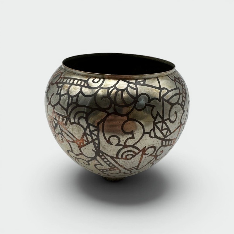 Art Deco Dinanderie Vase with Geometric Decor, circa 1970