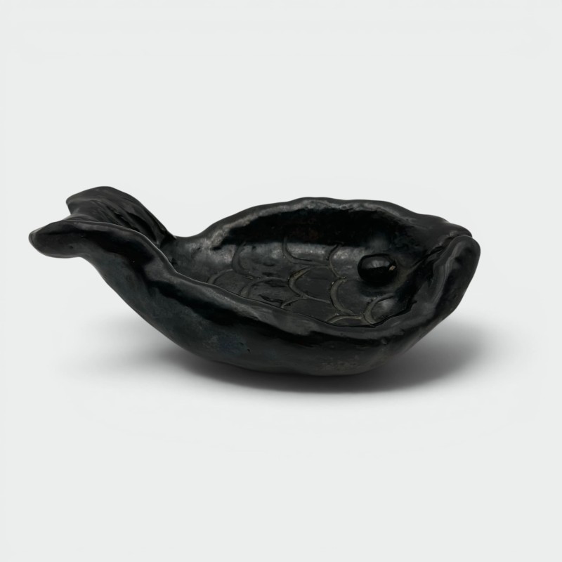 Fish-Shaped Black Ceramic Catchall, Signed, circa 1970