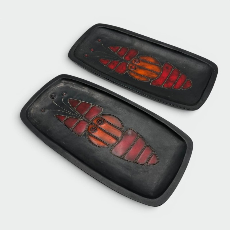 Set of Two Black Ceramic Fish Dishes or Vide-Poche By Oswald Tieberghien.France. Circa 1970