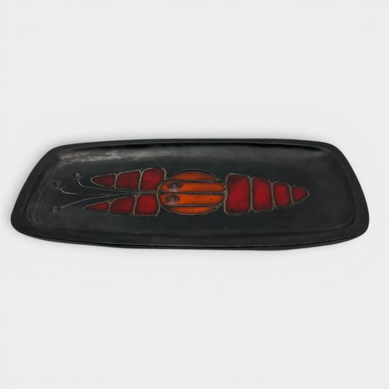 Black Ceramic Dish or Vide-Poche with Fish decoration by Oswald Tieberghien, circa 1970