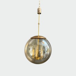 Globe Pendant Light in Smoked Glass with Brass Mount and Four Lights, Circa 1970