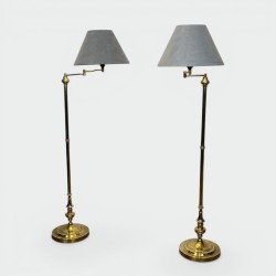 Pair of Brass Floor Reading Lamps with Articulated Arm and Grey Velvet Shades, in the Manner of Maison Jansen, 1970s Work