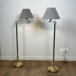 Pair of Brass Floor Reading Lamps with Articulated Arm and Grey Velvet Shades, in the Manner of Maison Jansen, 1970s Work