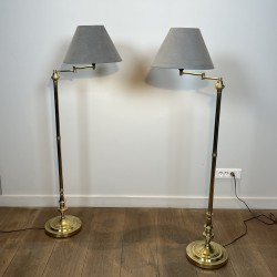 Pair of Brass Floor Reading Lamps with Articulated Arm and Grey Velvet Shades, in the Manner of Maison Jansen, 1970s Work