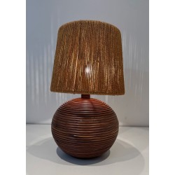 Round Rattan Table Lamp with Rope Shade, in the Style of Audoux-Minet, French Work, circa 1970