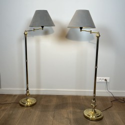 Pair of Brass Floor Reading Lamps with Articulated Arm and Grey Velvet Shades, in the Manner of Maison Jansen, 1970s Work