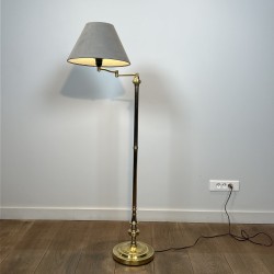 Pair of Brass Floor Reading Lamps with Articulated Arm and Grey Velvet Shades, in the Manner of Maison Jansen, 1970s Work