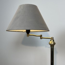 Pair of Brass Floor Reading Lamps with Articulated Arm and Grey Velvet Shades, in the Manner of Maison Jansen, 1970s Work
